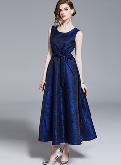 Elegant Print O-neck Sleeveless Belted Maxi Dress
