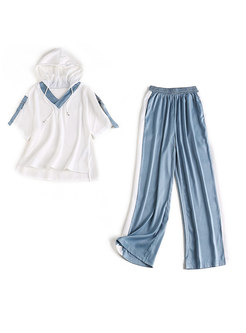 Casual Color-blocked Hooded T-shirt & Wide Leg Pants