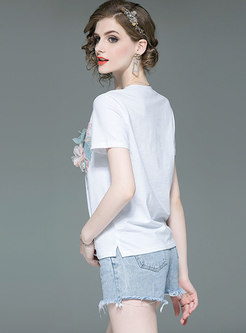 Casual Stereoscopic Flower O-neck T-shirt & Denim Shorts