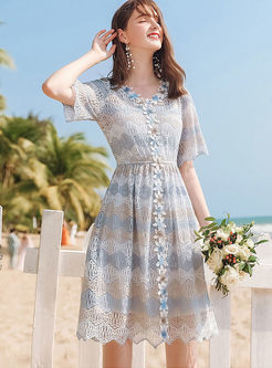 Sweet V-neck Hollow Out Wave Striped Lace Dress
