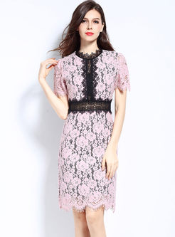 Color-blocked O-neck Short Sleeve Lace Slim Dress