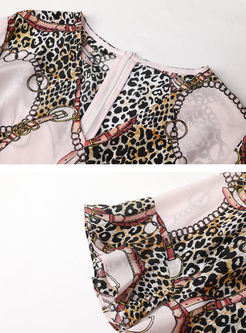 Fashion Silk V-neck Leopard Splicing Dress