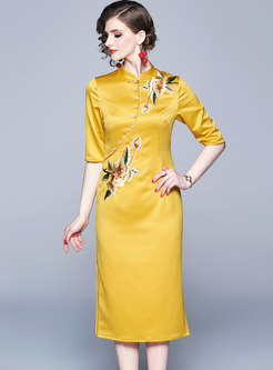 Vintage Embroidered Mandarin Yellow Sheath Dress