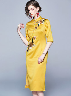 Vintage Embroidered Mandarin Yellow Sheath Dress