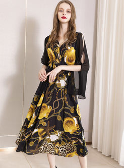 V-neck Slit Sleeve Print High Waist Silk Dress