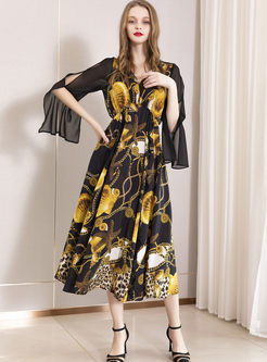 V-neck Slit Sleeve Print High Waist Silk Dress