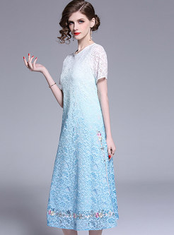 Lace Color-blocked O-neck Embroidered A Line Dress