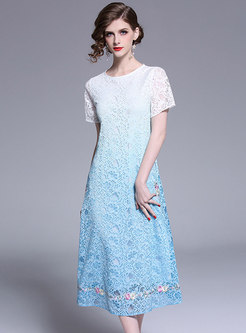Lace Color-blocked O-neck Embroidered A Line Dress