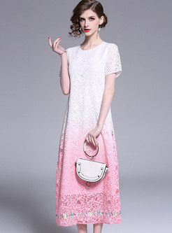 Lace Color-blocked O-neck Embroidered Slim Midi Dress
