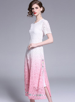 Lace Color-blocked O-neck Embroidered Slim Midi Dress