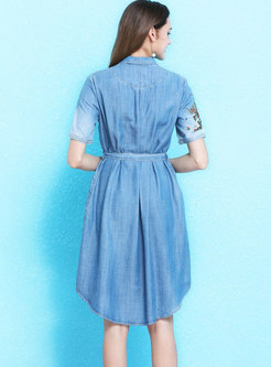Brief Embroidered Turn-down Collar A Line Dress