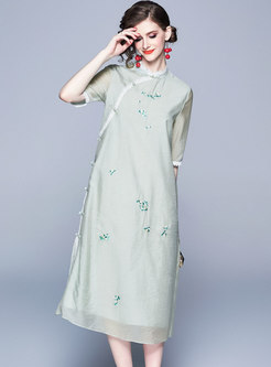 Ethnic Embroidered Splicing Button Casual Dress
