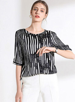 Casual O-neck Striped Slim Silk T-shirt