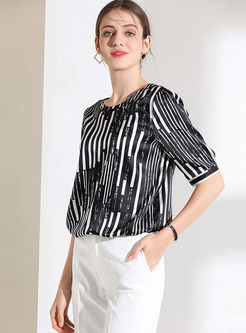 Casual O-neck Striped Slim Silk T-shirt