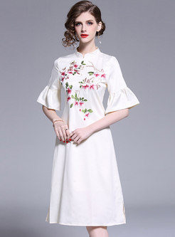 Retro Stand Collar Embroidered Flare Sleeve Skater Dress