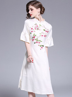 Retro Stand Collar Embroidered Flare Sleeve Skater Dress