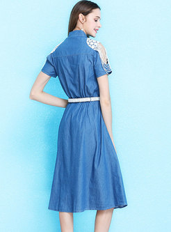 Stylish Jacquard Hollow Out Belted A Line Dress