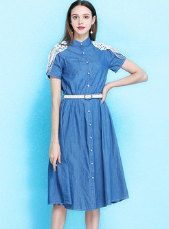 Stylish Jacquard Hollow Out Belted A Line Dress