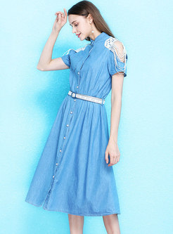 Light Blue Off Shoulder Belted A Line Dress