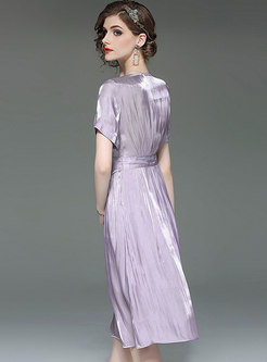 Pure Color V-neck Gathered Waist Midi Dress