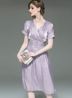 Pure Color V-neck Gathered Waist Midi Dress