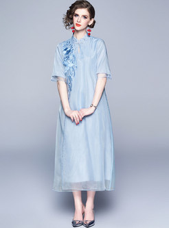 Elegant Light Blue Embroidered Slim Maxi Dress