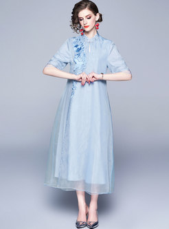 Elegant Light Blue Embroidered Slim Maxi Dress