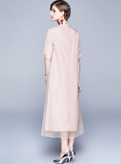 Elegant Pink Mesh Embroidered Slim Maxi Dress