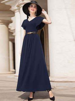 Solid Color V-neck Belted Slim Maxi Dress