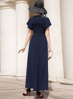 Solid Color V-neck Belted Slim Maxi Dress