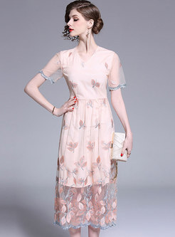 Chic Embroidered V-neck High Waist A Line Dress