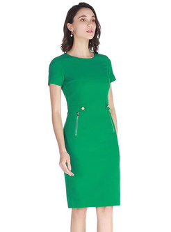 Brief Solid Color O-neck Sheath Dress