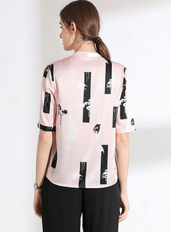 V-neck Short Sleeve Print Silk Blouse