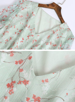 Floral V-neck Flare Sleeve Tie-waist Skater Dress