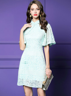 Elegant Lace Mandarin Collar Flare Sleeve Bodycon Dress