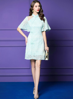 Elegant Lace Mandarin Collar Flare Sleeve Bodycon Dress