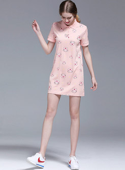 Animal Print Cute Lapel Cotton Pink T-shirt Dress