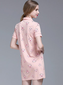 Animal Print Cute Lapel Cotton Pink T-shirt Dress