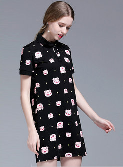 Brief Black Animal Print Cute Lapel T-shirt Dress
