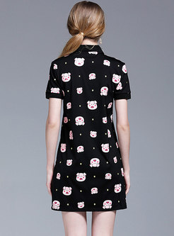 Brief Black Animal Print Cute Lapel T-shirt Dress