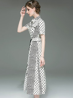 Elegant Polka Dot Lapel Tie-waist A Line Dress