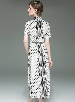 Elegant Polka Dot Lapel Tie-waist A Line Dress