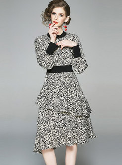 Leopard Splicing High Waist Falbala Slim Dress