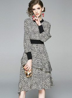 Leopard Splicing High Waist Falbala Slim Dress