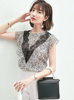 Fashion Lace Splicing Leopard Chiffon Blouse