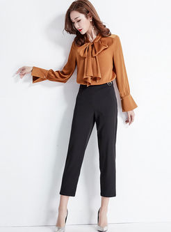 Work Bowknot Tied Flare Sleeve Blouse