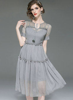 Lace Splicing Drilling V-neck A Line Dress