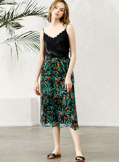 Fashion High Waist Big Hem Print Silk Skirt