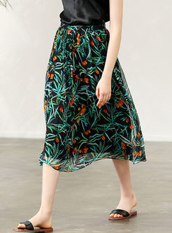 Fashion High Waist Big Hem Print Silk Skirt