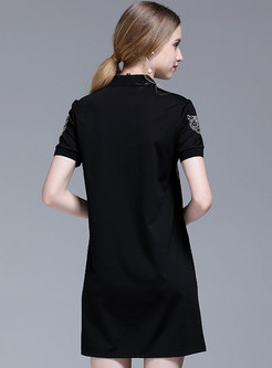 Black Lapel Cat Pattern Diamond-ironing Cotton T-shirt Dress